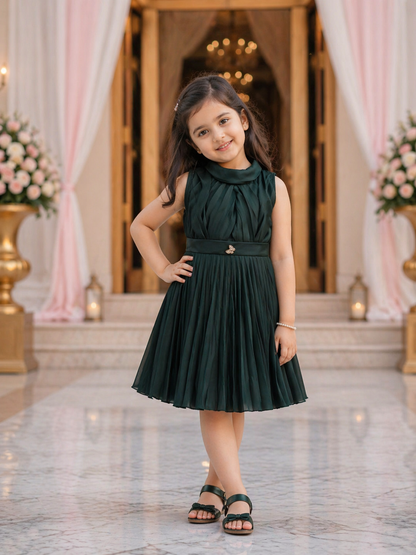 Girls Satin Solid Pleated Casual Dress