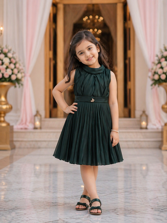 Girls Satin Solid Pleated Casual Dress