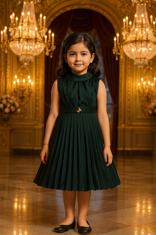 Girls Satin Solid Pleated Casual Dress