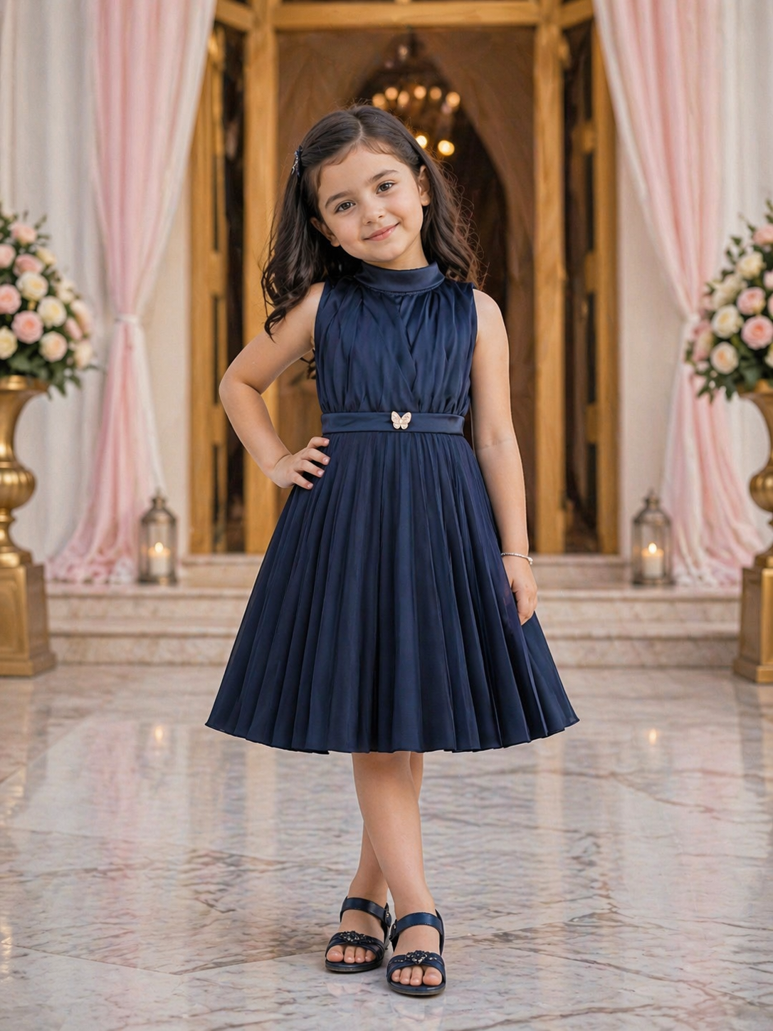 Girls Satin Solid Pleated Casual Dress