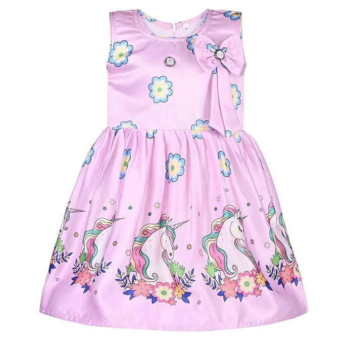 Girls Printed Satin Party Frock with Bow Detail