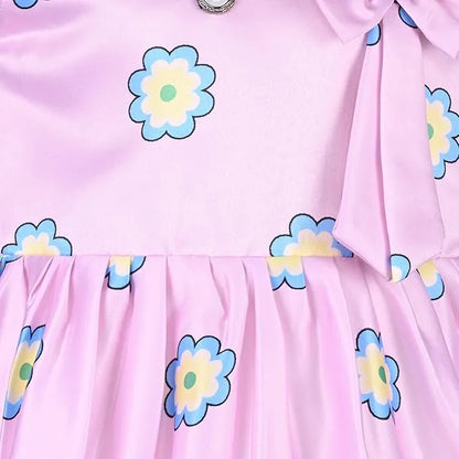Girls Printed Satin Party Frock with Bow Detail