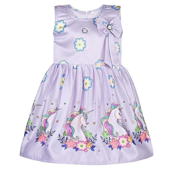 Girls Printed Satin Party Frock with Bow Detail
