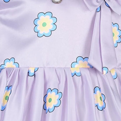 Girls Printed Satin Party Frock with Bow Detail