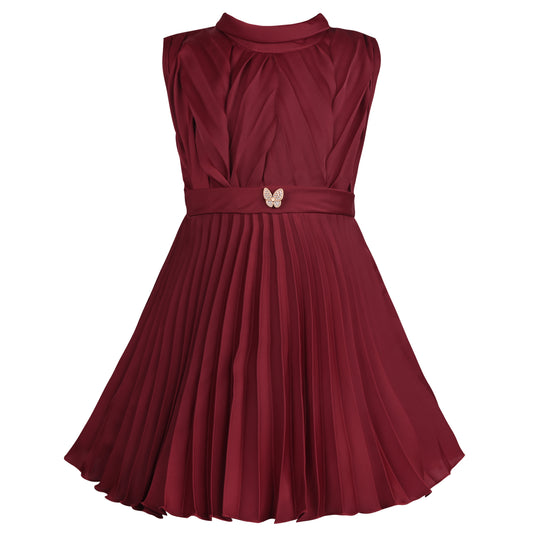 Girls Maroon Pleated A-Line Frock Dress