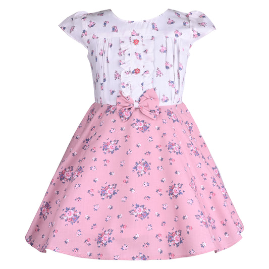 Girls Floral Print Cap Sleeve A-Line Frock Dress