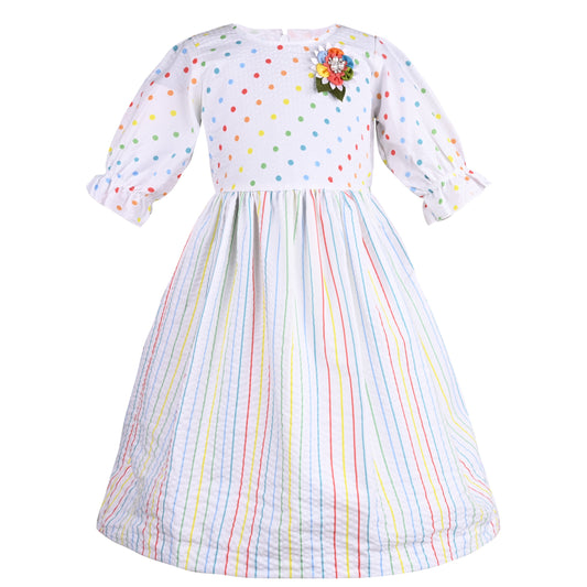 Girls Polka Print and Striped A-Line Frock Dress