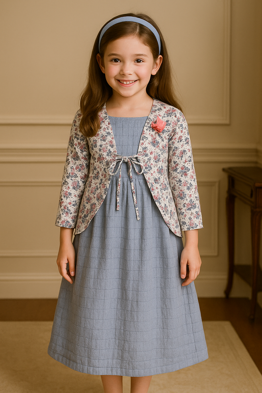 Girls Floral Print Full Sleeve Fit and Flare Knee Length Frock Dress