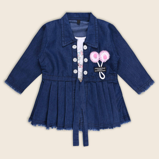 Girls Denim Pleated Casual Top with Floral Detail