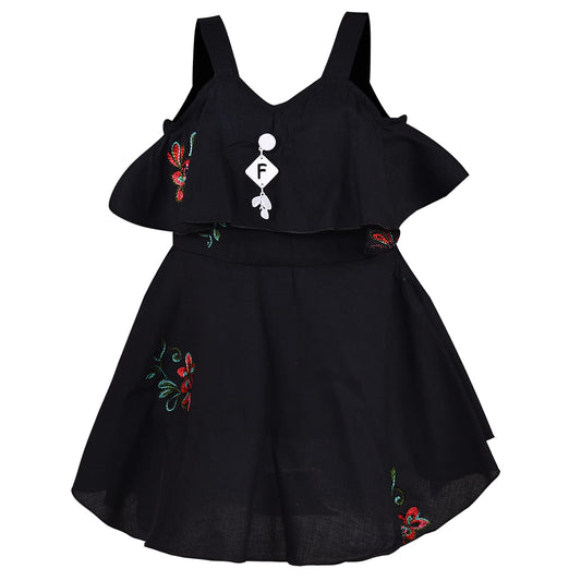 Girls Solid Printed Strap Neck dress