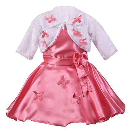 Baby Girls Frock Dress | Buy Peach Winter Festive & Wedding Baby Girls Dress with Fur Jacket